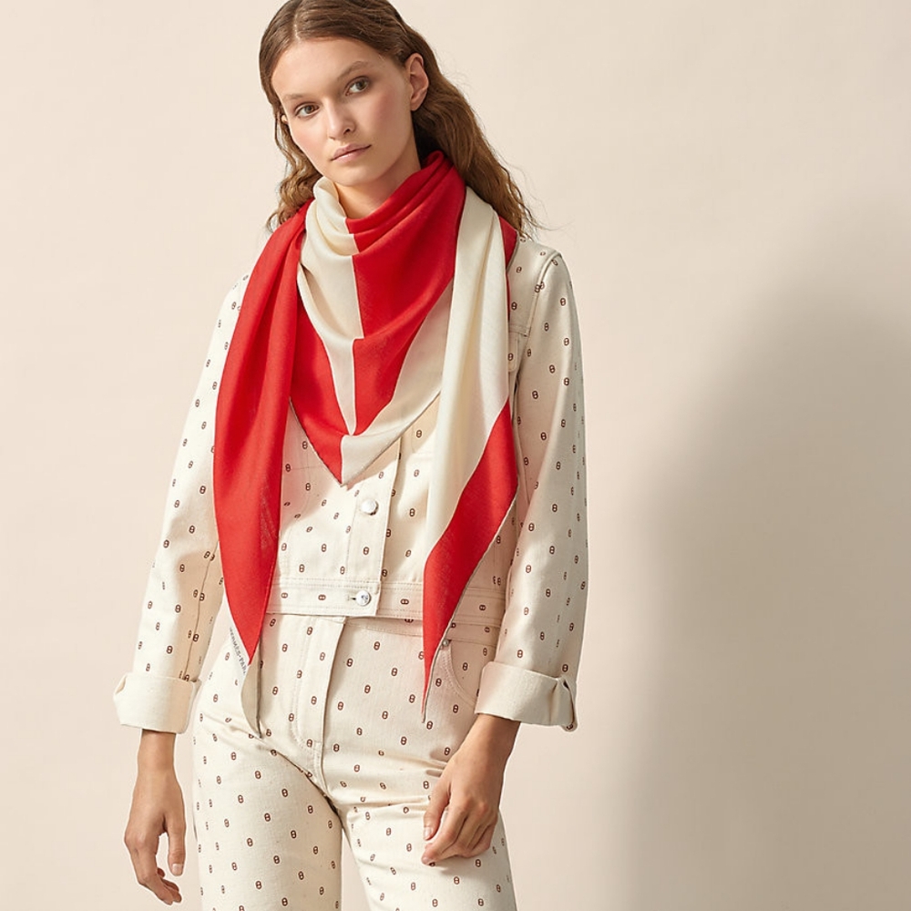 Hermes GIANT TRIANGLE FRAMED scarf red white cashmere